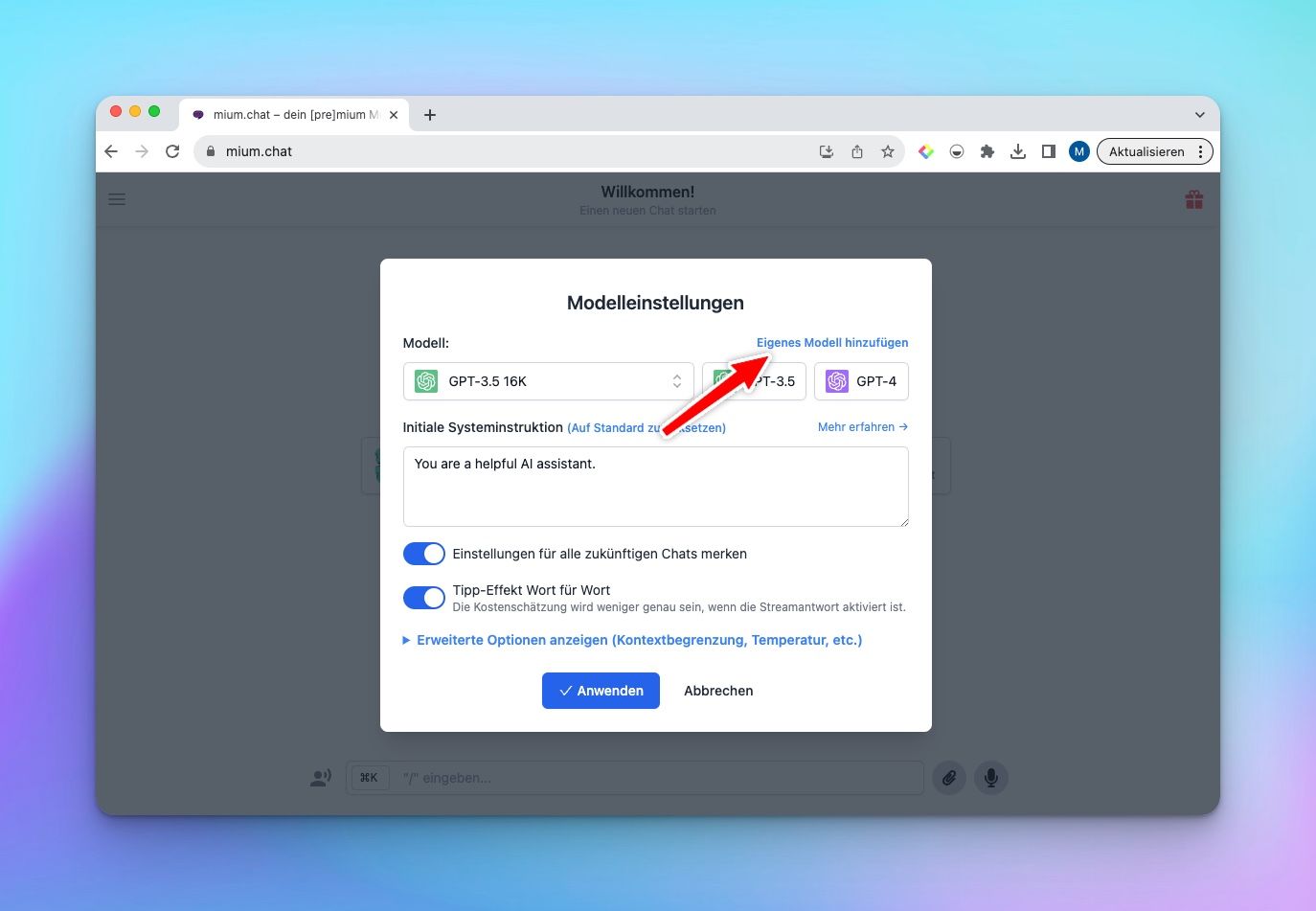Modelleinstellung für eigene ChatGPT Modelle für mium.chat