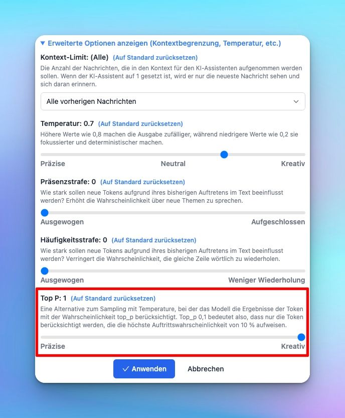 Top P Parameter im mium.chat einstellen