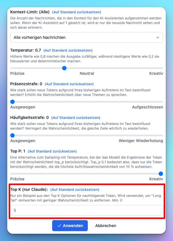 Top-K Parameter für Claude
